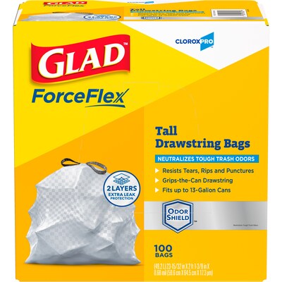 Glad ForceFlex Tall 13 Gallon Drawstring Kitchen Trash Bag, Grey, 100 Total Bags (70427)