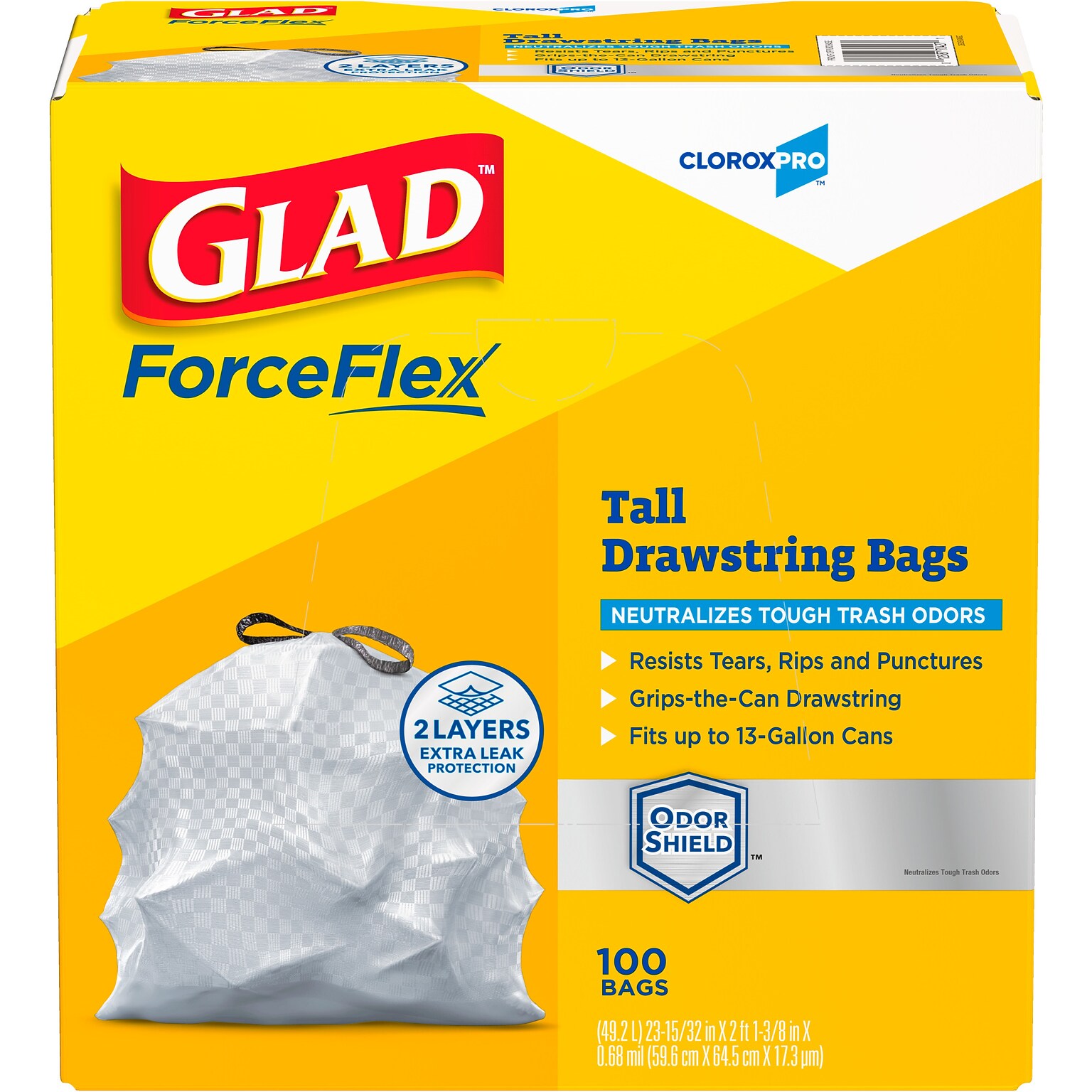 Glad ForceFlex Tall 13 Gallon Drawstring Kitchen Trash Bag, Grey, 100 Total Bags (70427)