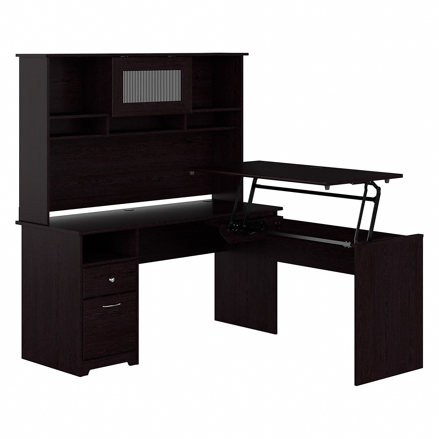 Bush Furniture Cabot 60W 3 Position Sit to Stand L Shaped Desk with Hutch, Espresso Oak (CAB045EPO)