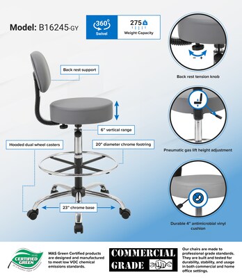 Boss Office Products Caressoft Medical/Drafting Stool w/ Back Cushion (B16245GY)