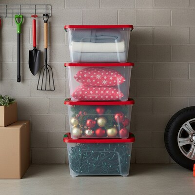 Iris Holiday Medium Stackable Plastic Storage Box, 10.5" x 14.4" x 18.5", 32 Qt., Clear/Red, 4/Pack (500532)