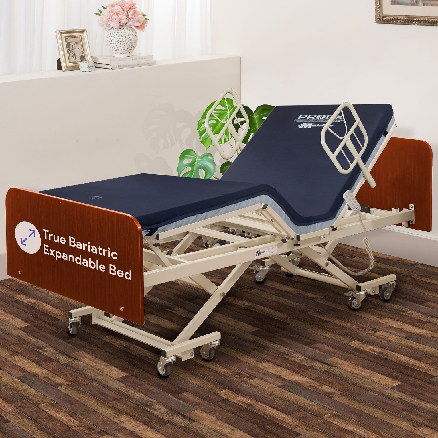 Medacure Electric Bariatric Adjustable Hospital Bed w/ Split Frame, 10 Function Hand Pendant, 750 lb., Cherry (MC-LXBARISFCH)