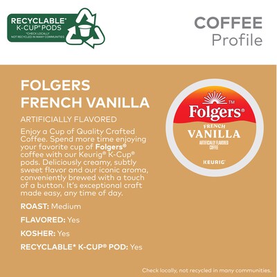 Folgers French Vanilla Coffee, Medium Roast, 0.31 oz. Keurig® K-Cup® Pods, 24/Box (6661)