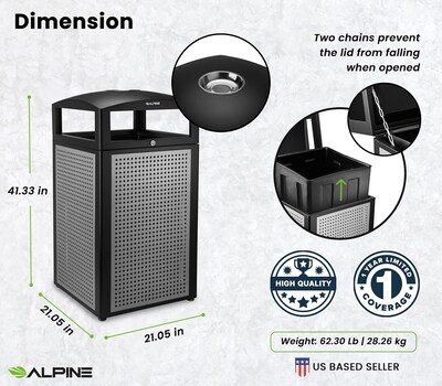 Alpine Industries Steel Outdoor Commercial Trash Can with Ashtray Lid, 40 Gallon, Silver (472-40-SIL)