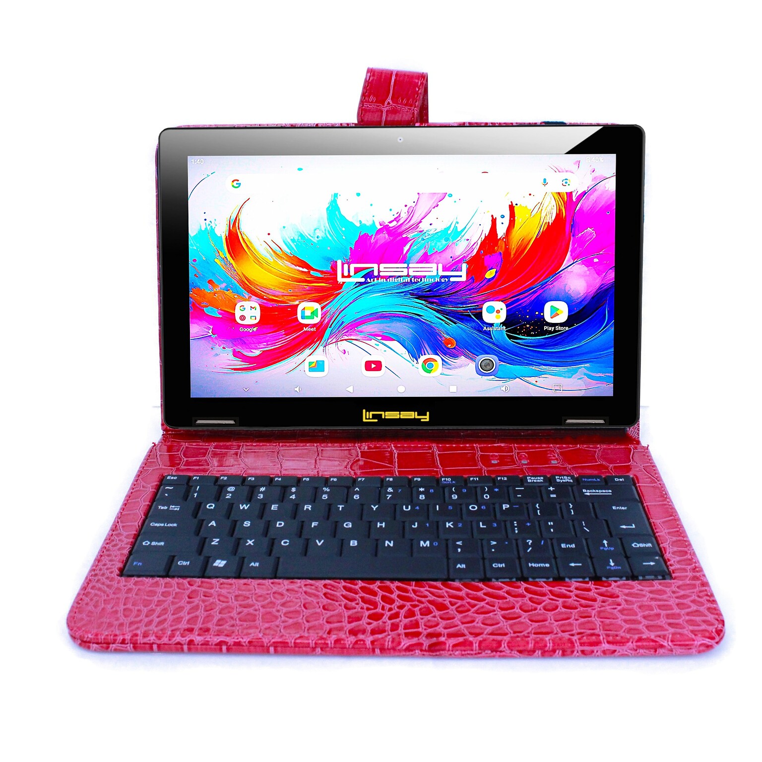 Linsay F10 Series 10.1 Tablet, Wi-Fi, Octa Core, 256GB eMMC, Android 15, with Red Crocodile Keyboard Case (F10IPGBKCOREDWPLUS)