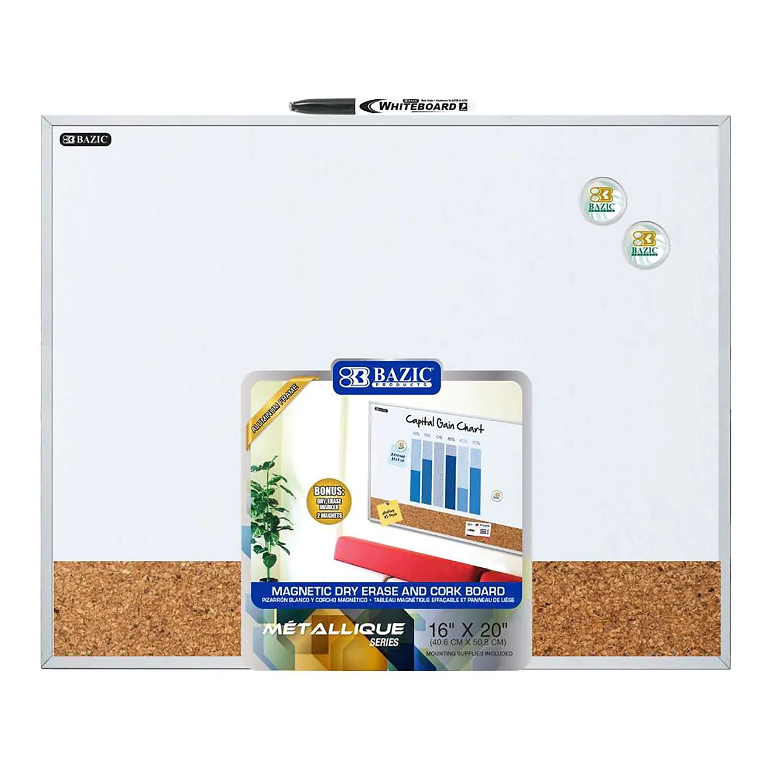 Bazic Magnetic Cork & Dry Erase Whiteboard, Aluminum Frame, 16 x 20 (BAZ6053)