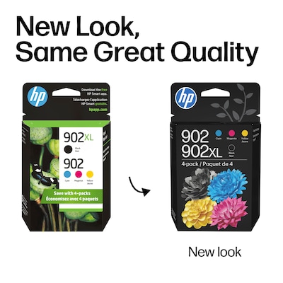 HP 902XL/902 Black High Yield and Cyan/Magenta/Yellow Standard Yield Ink Cartridge, 4/Pack (T0A39AN#140)