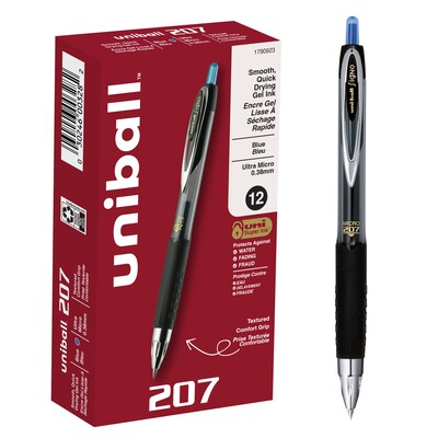 uniball 207 Retractable Gel Pens, Ultra Micro Point, 0.38mm, Blue Ink, 12/Pack (1790923)