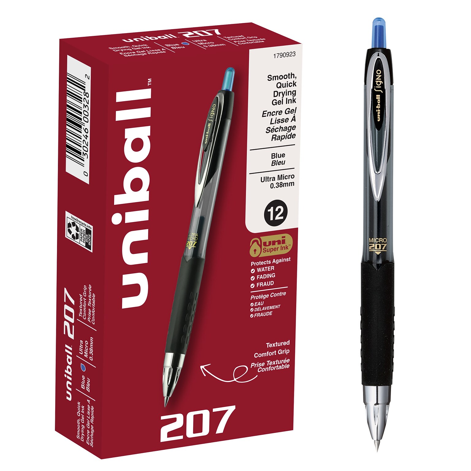 uniball 207 Retractable Gel Pens, Ultra Micro Point, 0.38mm, Blue Ink, 12/Pack (1790923)