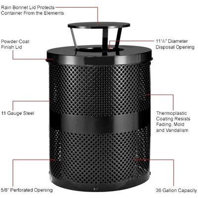 Global Industrial Outdoor Diamond Steel Trash Can w/ Rain Bonnet Lid, 36 Gallon, Black (261926BK)