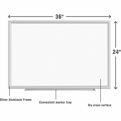 Lorell Styrene Dry-Erase Whiteboard, Aluminum Frame , 36" x 24" (LLR00586)