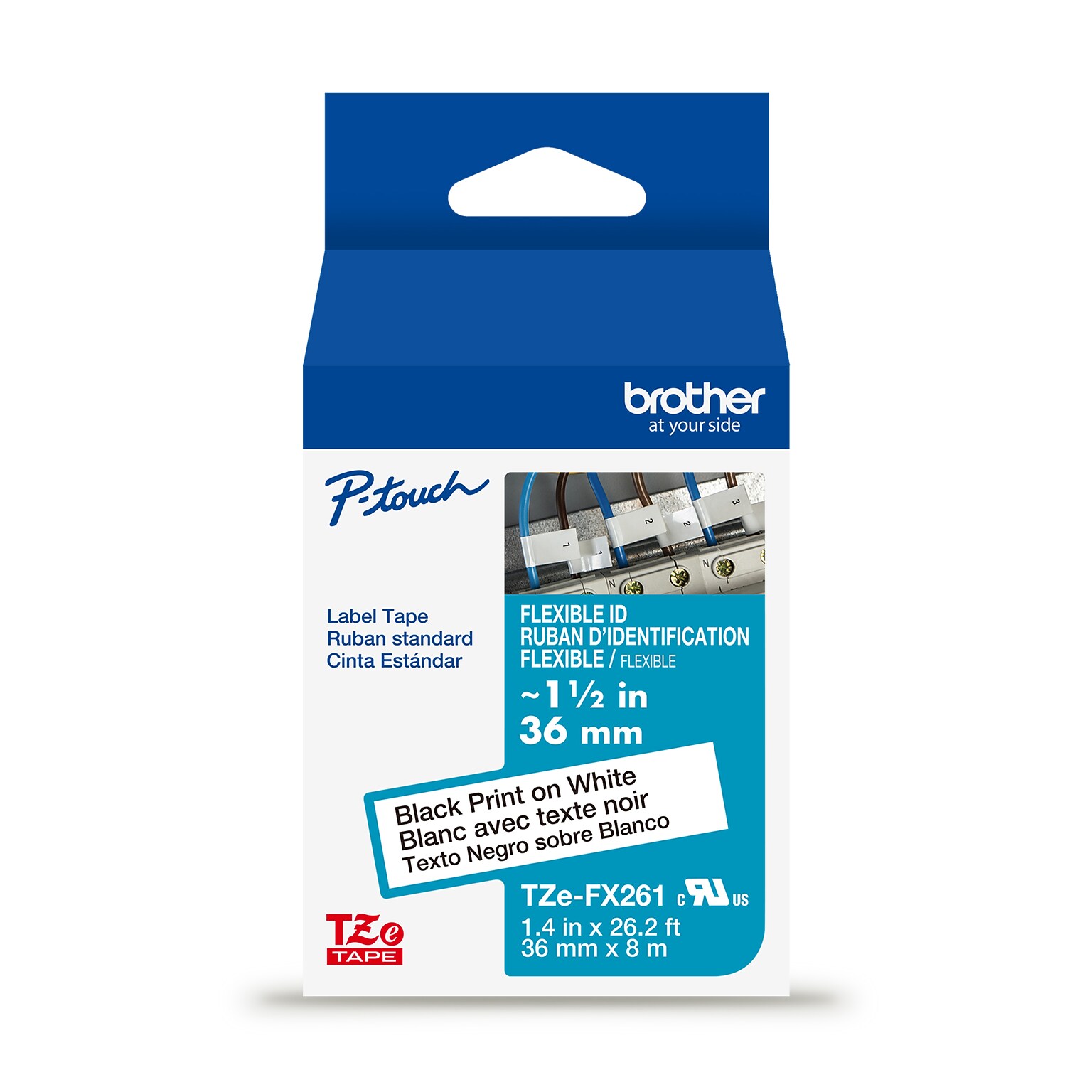 Brother P-touch Flexible ID Laminated Label Tape, 1-1/2 x 26.2, Black on White (TZeFX261)