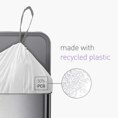 simplehuman Code P 13-16 Gallon Trash Bag, 50% PCR, 23.6" x 31.4", Low Density, 1.18 mil, White, 200 Total Bags (CW0578)