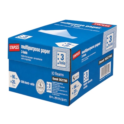Staples 8.5 x 11 3-Hole Punch Multipurpose Paper, 20 lbs., 96 Brightness, 500/Ream, 10 Reams/Carton (05030)