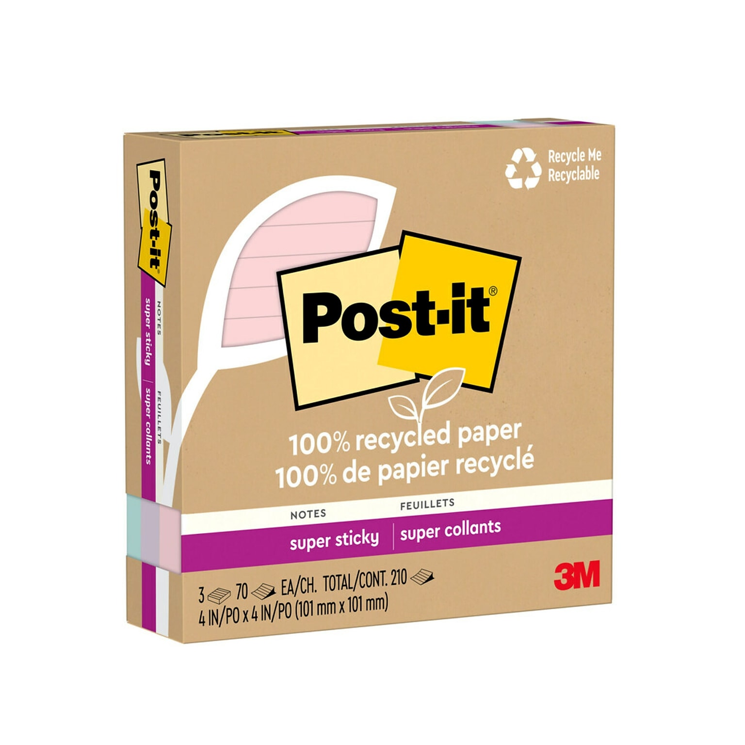 Post-it Recycled Super Sticky Notes, 4 x 4, Wanderlust Pastels Collection, Lined, 70 Sheet/Pad, 3 Pads/Pack (675R-3SSNRP)