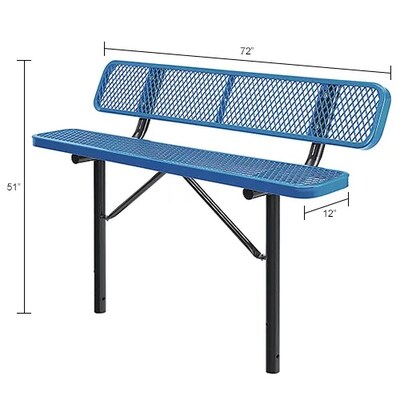 Global Industrial 6' Outdoor Steel Bench w/ Backrest, Expanded Metal, In Ground Mount, Blue (277154IBL)