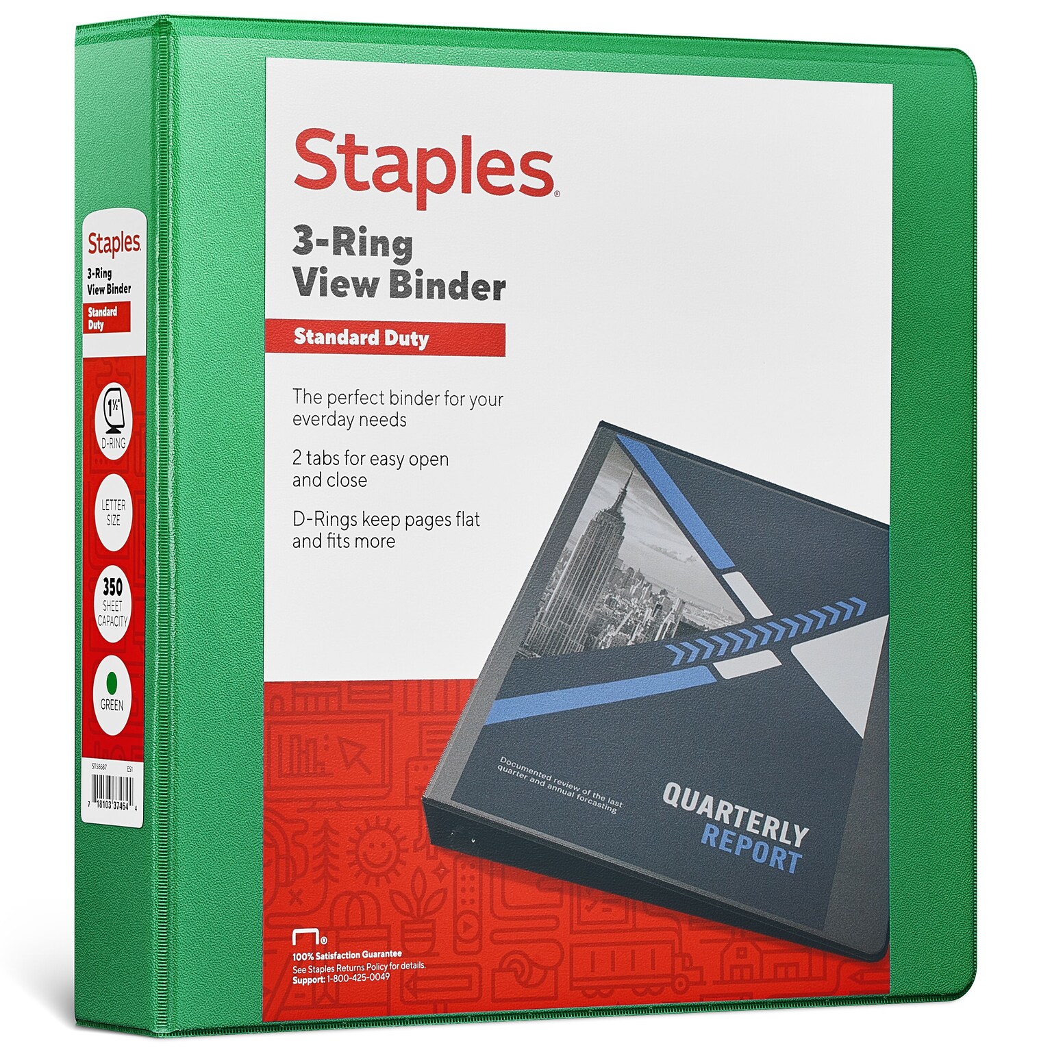 Staples® Standard 1.5 3 Ring View Binder with D-Rings, Green (58652)