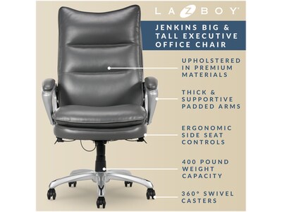 La-Z-Boy Jenkins Ergonomic Bonded Leather Executive Big & Tall Chair, 400 lb. Capacity, Gray (60075-GRY)