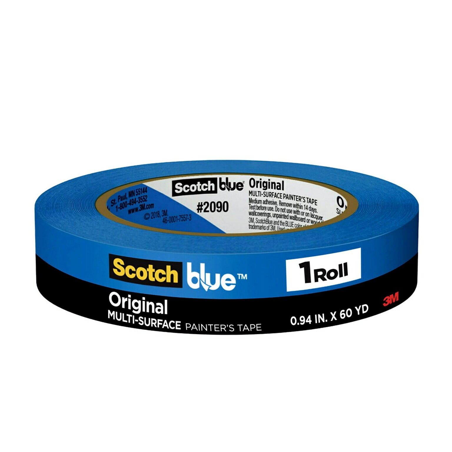 Scotch Blue Painters Masking Tape, Blue, 3 Core, 1 x 60yds. (2090)