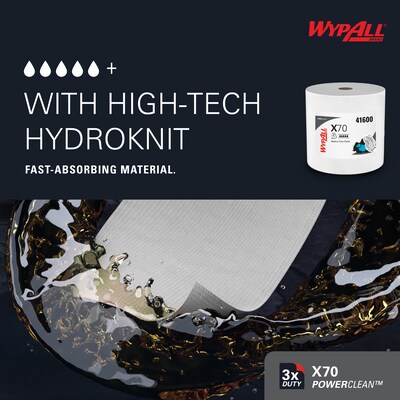 WypAll PowerClean X70 Fabric Cleaning Wipers, 13.3" x 13.4", White, 870 Sheets/Roll (41600)