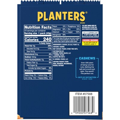 Planters Salted Cashews, 1.5 oz., 18 Bags/Pack (209-00626)