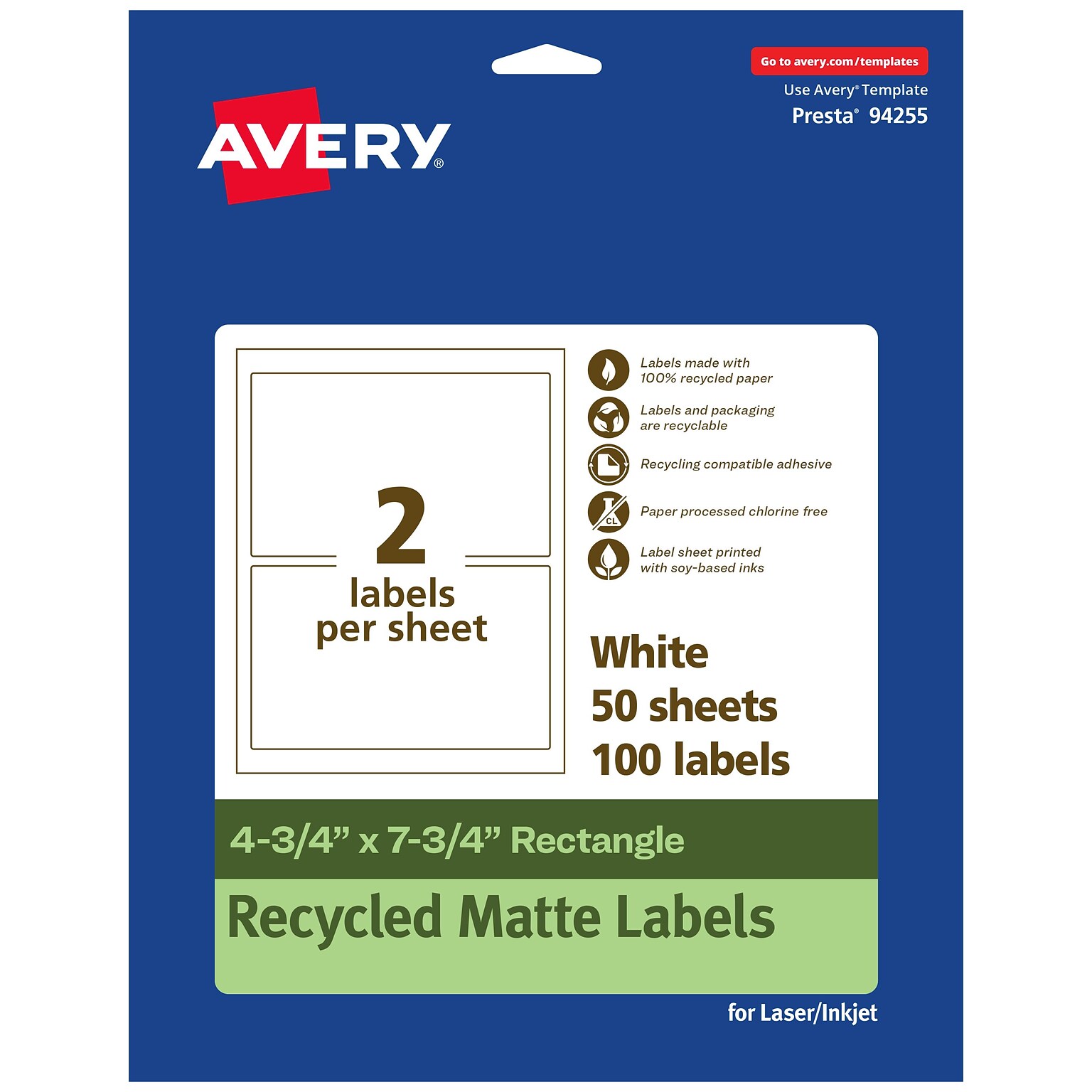 Avery EcoFriendly Laser/Inkjet Rectangle Multipurpose Labels, 4-3/4 x 7-3/4, White, 100/Box (94255)