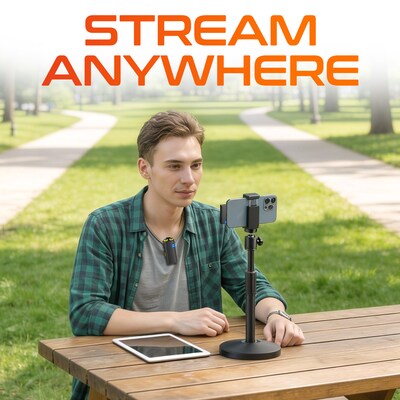 Delton M27C Two Wireless Lavalier Microphones and USB-C Receiver and Camera & Phone Stand Bundle, Black (DMCM27CKT1)