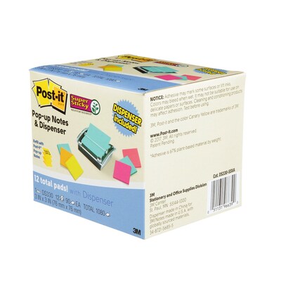 Post-it Super Sticky Pop-Up Notes Dispenser for 3" x 3" Notes, Black, 12 Pads/Pack (DS330-SSVA)