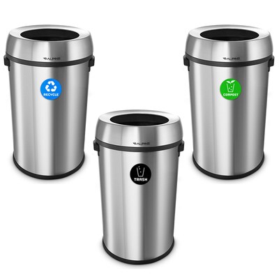Alpine Industries Stainless Steel Recycling, Trash and Compost Station with Open Lid, 17 Gallon, 3/Pack (ALP470-65L-R-T-CO)