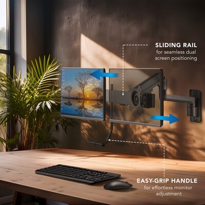 Mount-It! Adjustable Dual Monitor Wall Mount with Gas Spring Arm and Crossbar, Up to 32" Monitor, Black (MI-12010)