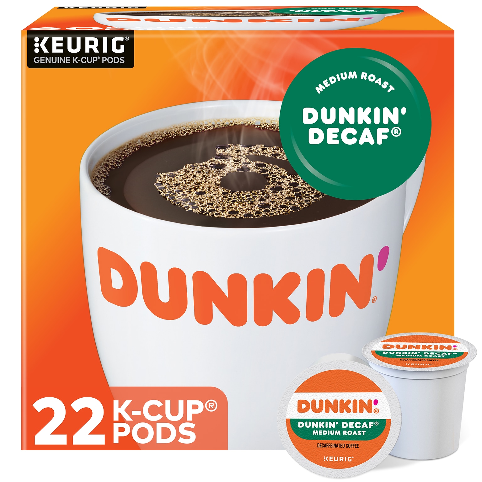 Dunkin Decaf Coffee, Medium Roast, 0.37 oz. Keurig® K-Cup® Pods, 22/Box (400846)