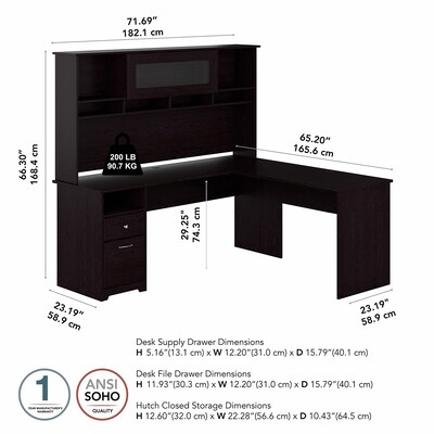 Bush Furniture Cabot 72"W L Shaped Computer Desk with Hutch and Drawers, Espresso Oak (CAB053EPO)