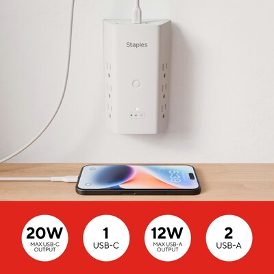 Staples TECH 6-Outlet 3-USB Port Surge Protector, 1200 Joules, White (ST62778)
