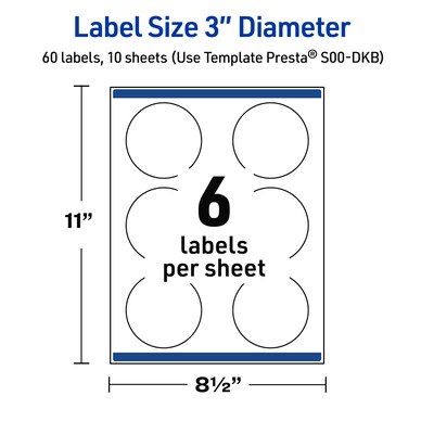 Avery Laser/Inkjet Circle Multipurpose Labels, 3" Dia., White, 60/Pack (S00DKB)