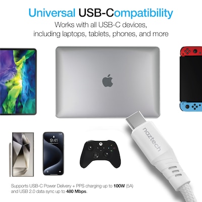 Naztech REcoil Magnetic USB-C to USB-C Braided Cable, 6 ft., White (16049)