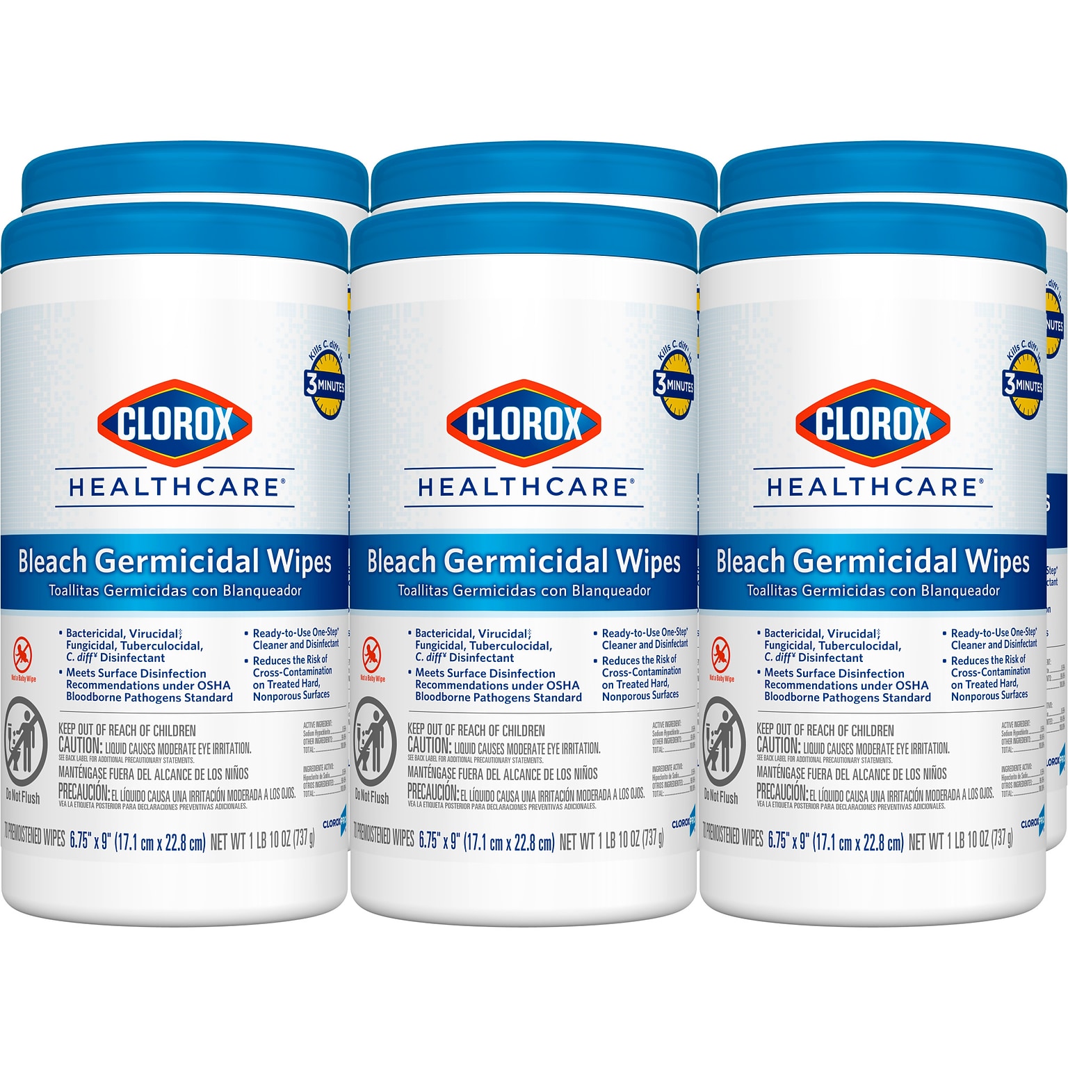 Clorox Healthcare Bleach Germicidal Wipes, 70 Wipes/Container, 6 Containers/Carton (CLO35309CT)