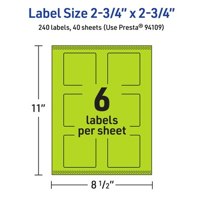 Avery Square Multipurpose Labels, 2.75" x 2.75", Bright Green, 240/Pack (94109)
