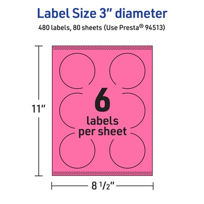 Avery Laser/Inkjet Round Multipurpose Labels, 3" Dia., Bright Pink, 480/Box (94513)