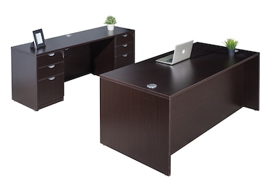 Boss Office Products 71 Desk and Credenza with Dual File Pedestals, Mocha (GROUPA2-MOC)