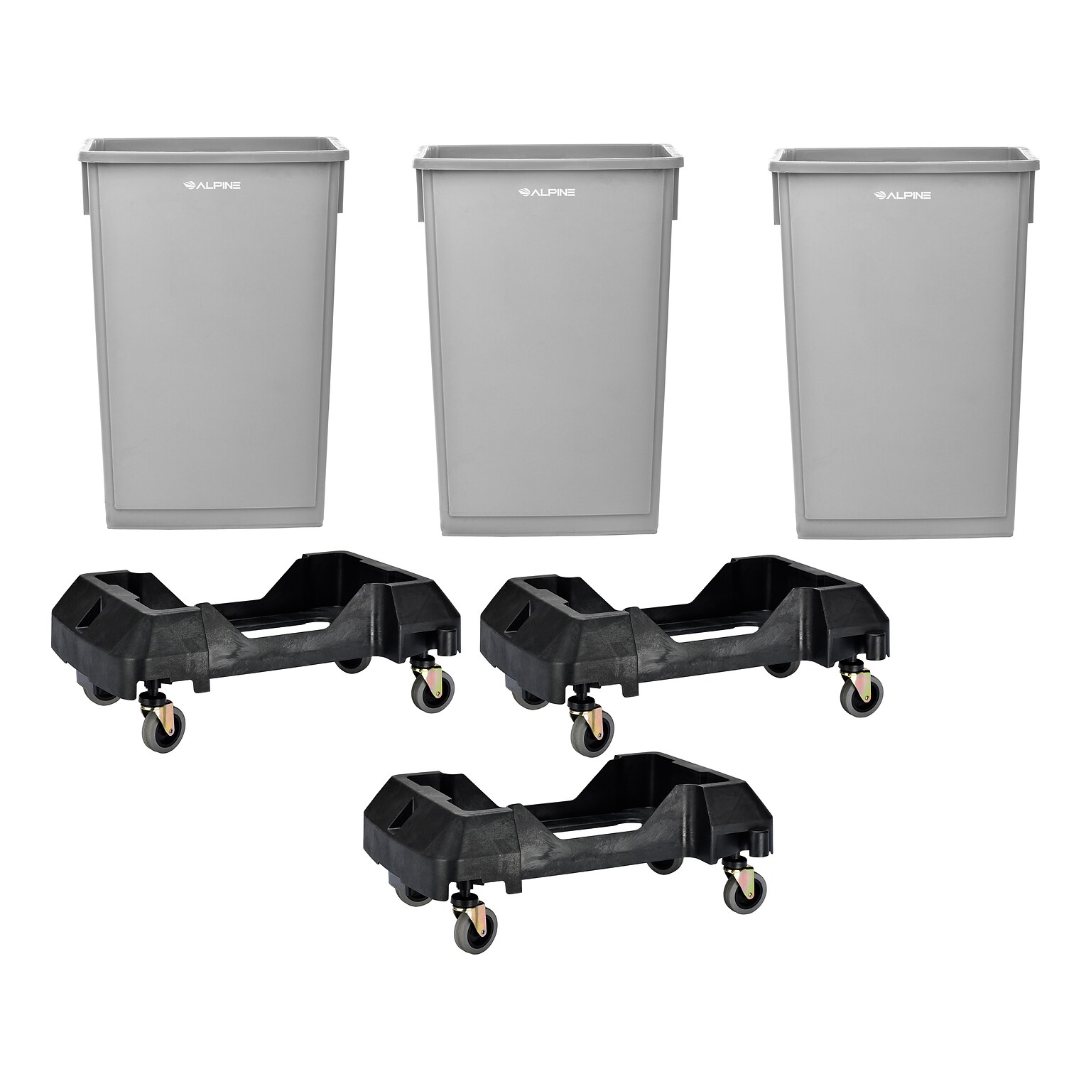 Alpine Industries Plastic Trash Can with Dolly, 23-Gallon, Gray, 3/Pack (ALP477-GRY-3PKD)