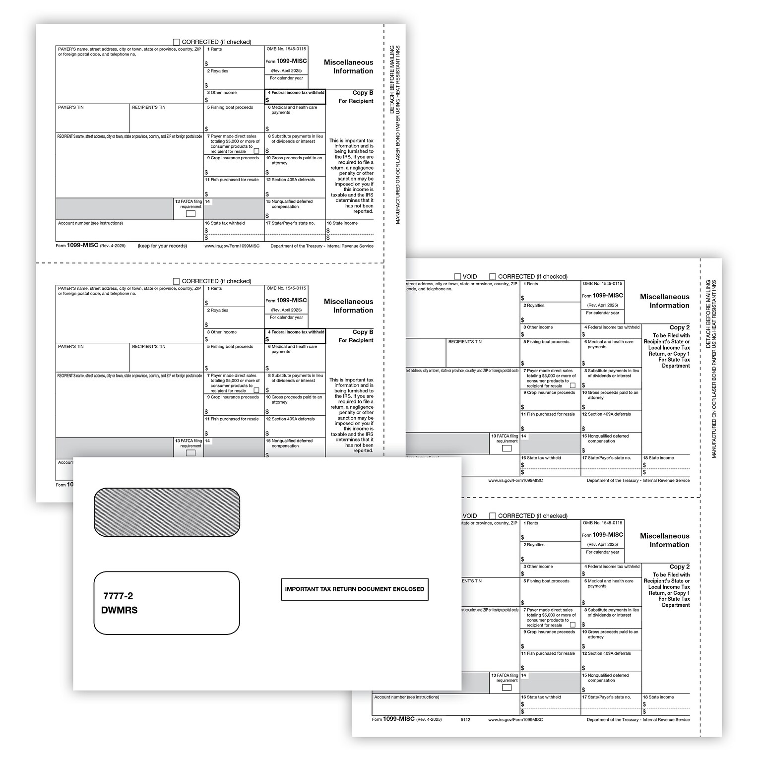 ComplyRight 2025 1099-MISC Tax Form Envelopes and Recipient Copy Only, 3-Part, 2-Up, Copy B, C/2, 50/Pack (6113E)