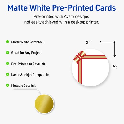 Avery Gold-Red Gift Bow Matte Blank Card, White, 120/Pack (S00-FFW)