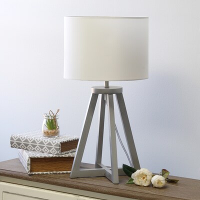 Simple Designs Interlocked Triangular Gray Wood Table Lamp with White Fabric Shade (LT1069-GYW)