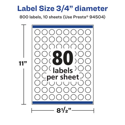 Avery Laser/Inkjet Round Multipurpose Labels, 0.75" Dia., 800 Labels/Pack (94504)