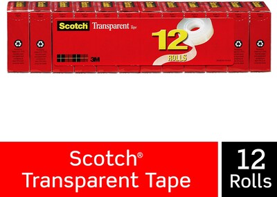 Scotch Transparent Tape, 3/4 in x 1296 in, 12 Tape Rolls, Clear, Refill, Home Office and Back to School Supplies for Classrooms