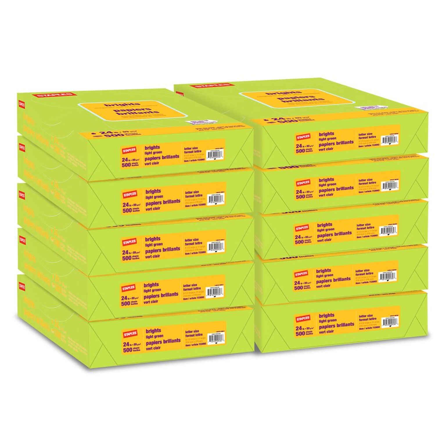 Staples Brights Multipurpose Paper, 24 lbs., 8.5 x 11, Lime, 500/Ream, 10 Reams/Carton