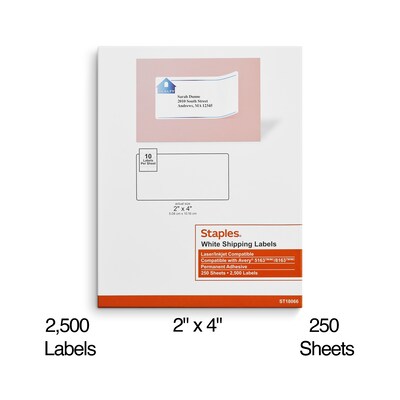 Staples® Laser/Inkjet Shipping Labels, 2" x 4", White, 10 Labels/Sheet, 250 Sheets/Pack, 2500 Labels/Box (ST18066-CC)