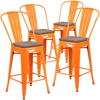 Flash Furniture Lily Contemporary Metal Vertical Back Counter Height Stool, Orange, 4-Pieces/Pack (4CH3132024GBORW)