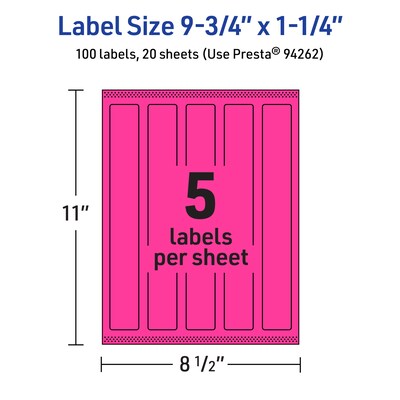 Avery Rectangle Laser/Inkjet Multipurpose Labels, 9.75" x 1.25", Neon Magenta (100/Pack)
