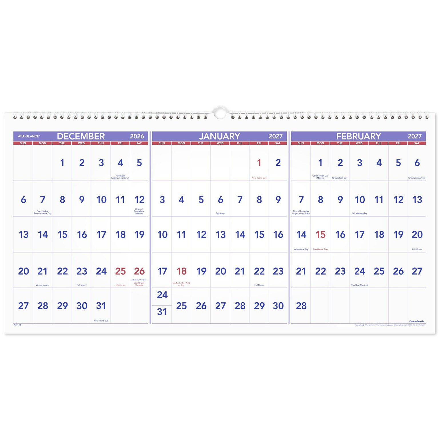 2025 -2027 AT-A-GLANCE 27 x 12 Three-Month Wall Calendar, White/Purple (PM14-28-26)